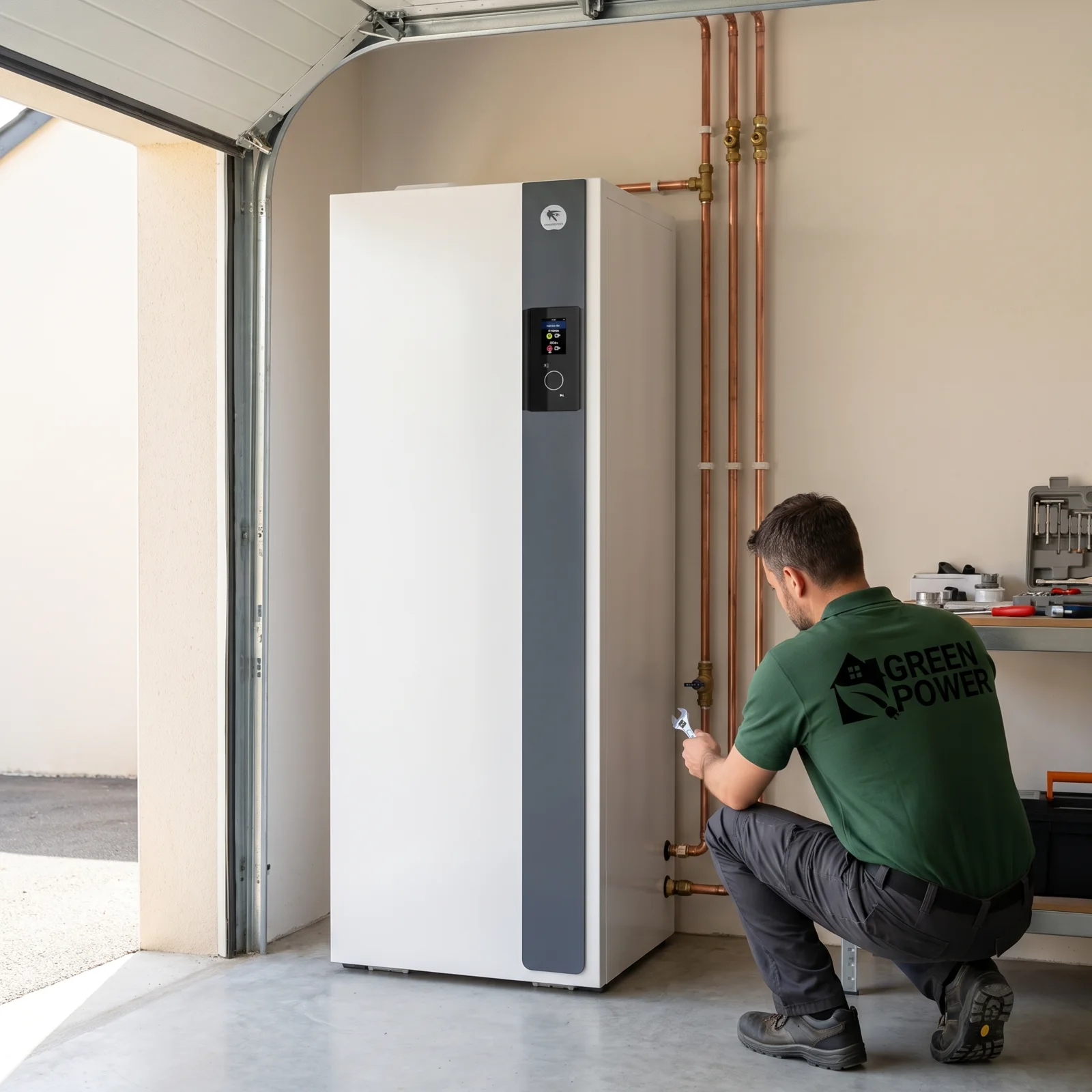Technicien Greenpower contrôlant le module intérieur d’une pompe à chaleur air-eau THERMOR Aérolia 2 dans un garage — visuel d’illustration